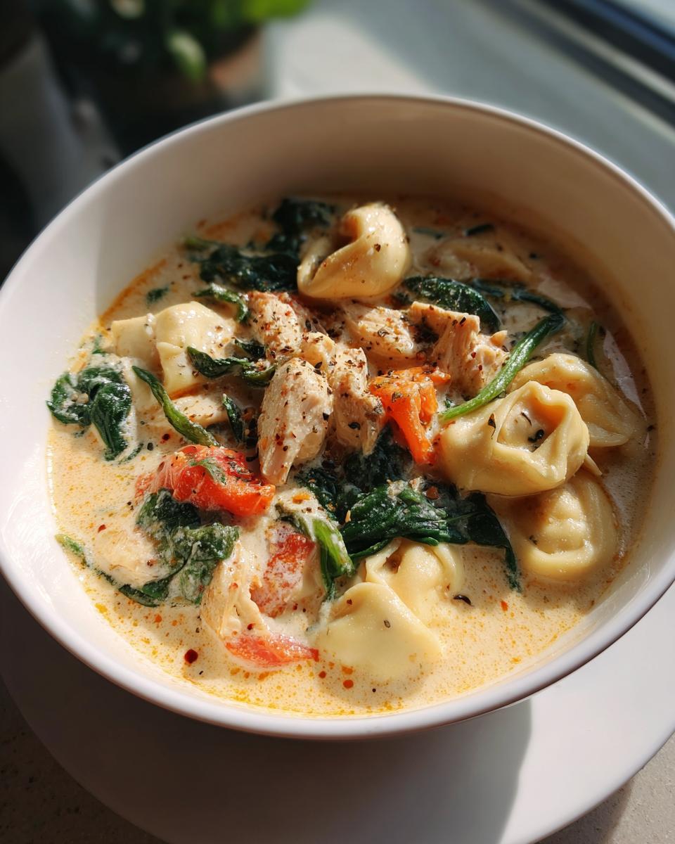 Close-up of a white bowl filled with creamy tortellini soup featuring chicken chunks, wilted spinach, and tomatoes.