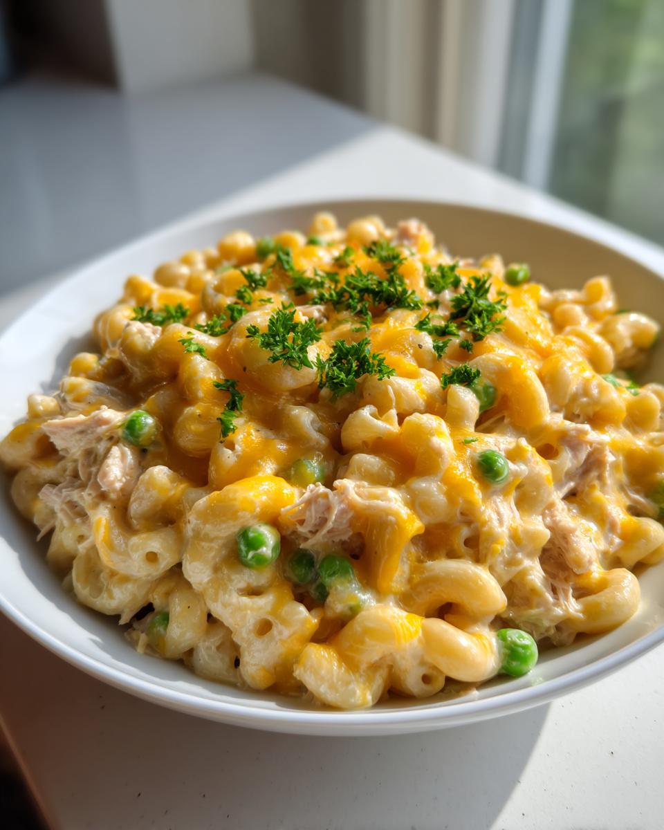 A close-up of creamy tuna pasta made with elbow macaroni, melted cheddar cheese, peas, and fresh parsley garnish.