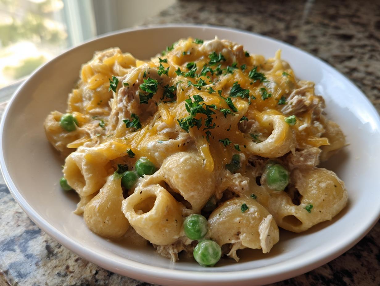 A close-up of a bowl of creamy tuna pasta mixed with bright green peas and topped with melted cheddar cheese and fresh parsley.