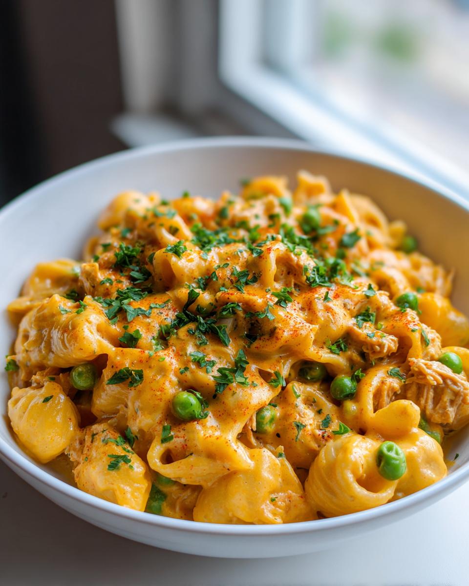 Close-up of creamy, cheesy tuna pasta mixed with bright green peas, garnished with parsley.