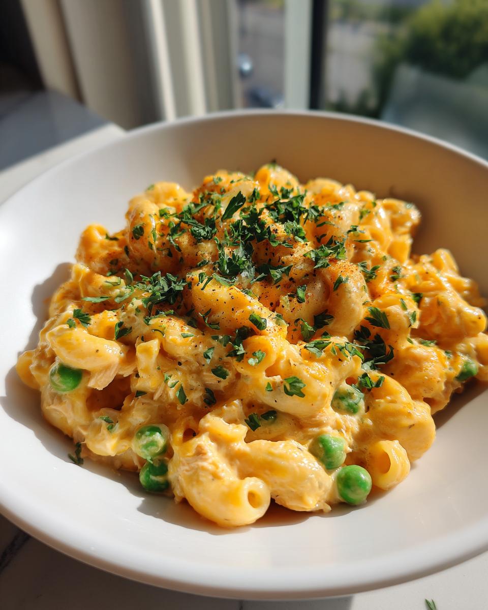 Close-up of creamy, cheesy tuna pasta mixed with bright green peas, topped with fresh parsley.