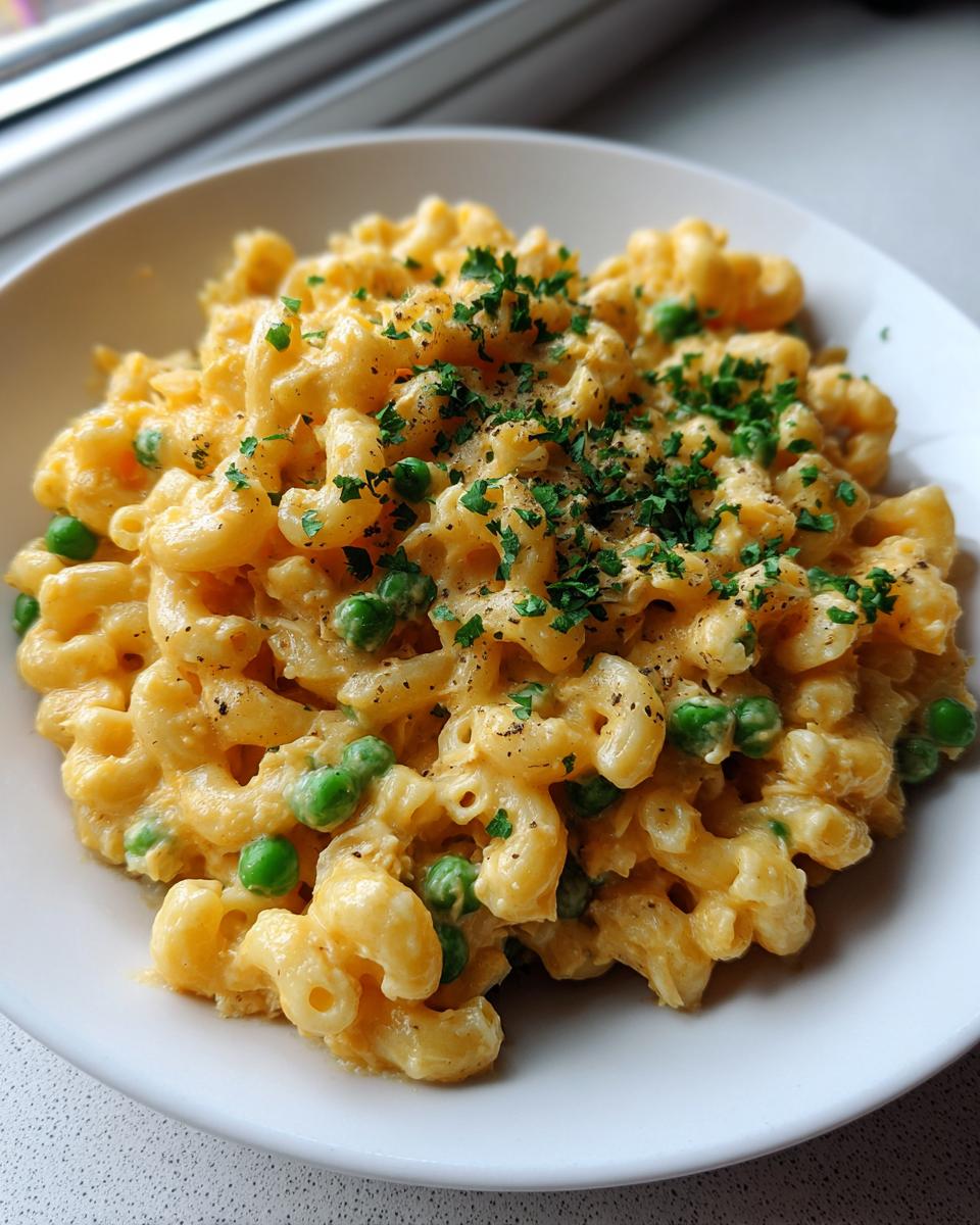 Close-up of creamy, cheesy tuna pasta mixed with bright green peas and topped with fresh parsley.