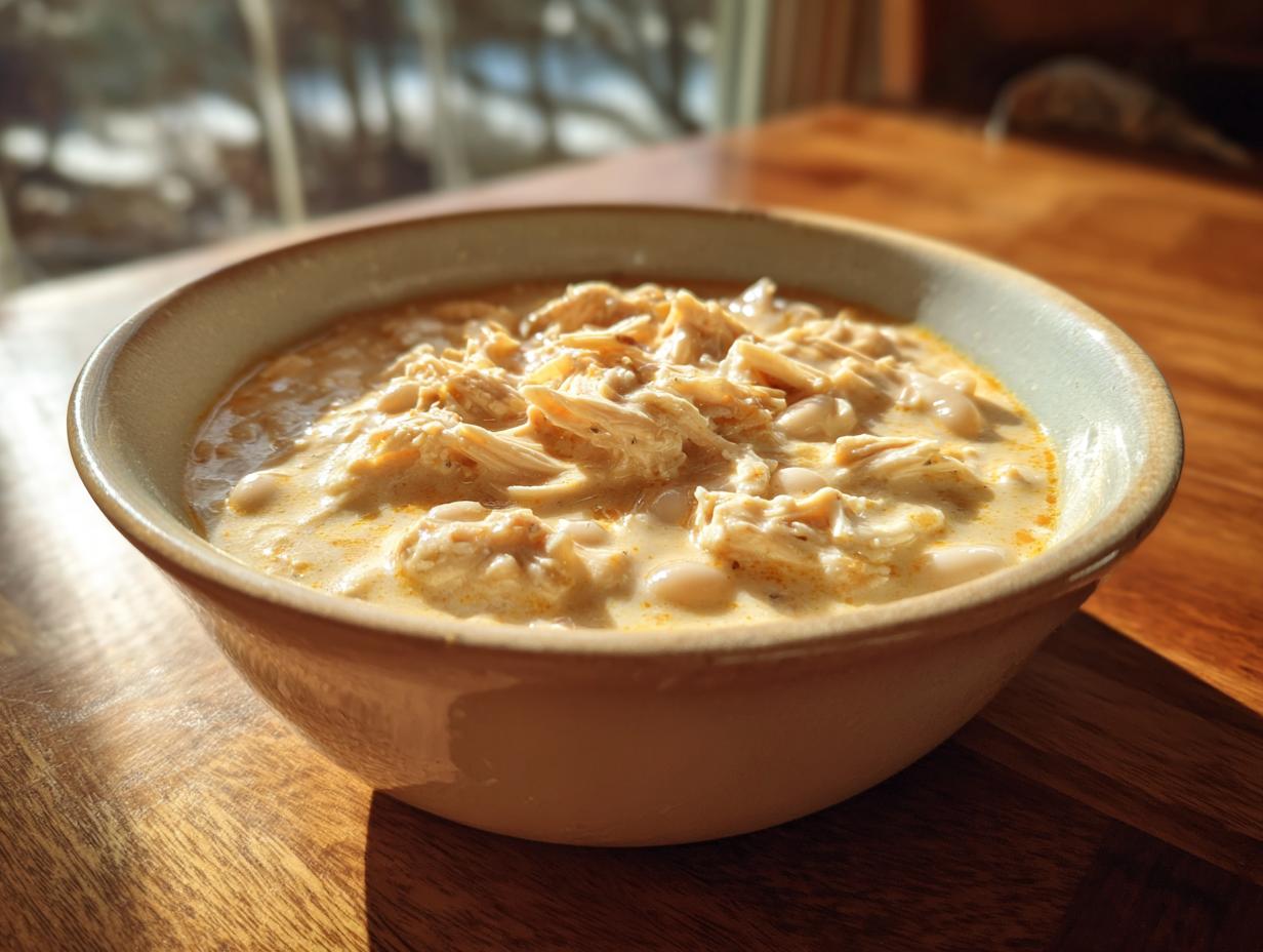 A close-up of a creamy white chicken chili bowl filled with shredded chicken and white beans.
