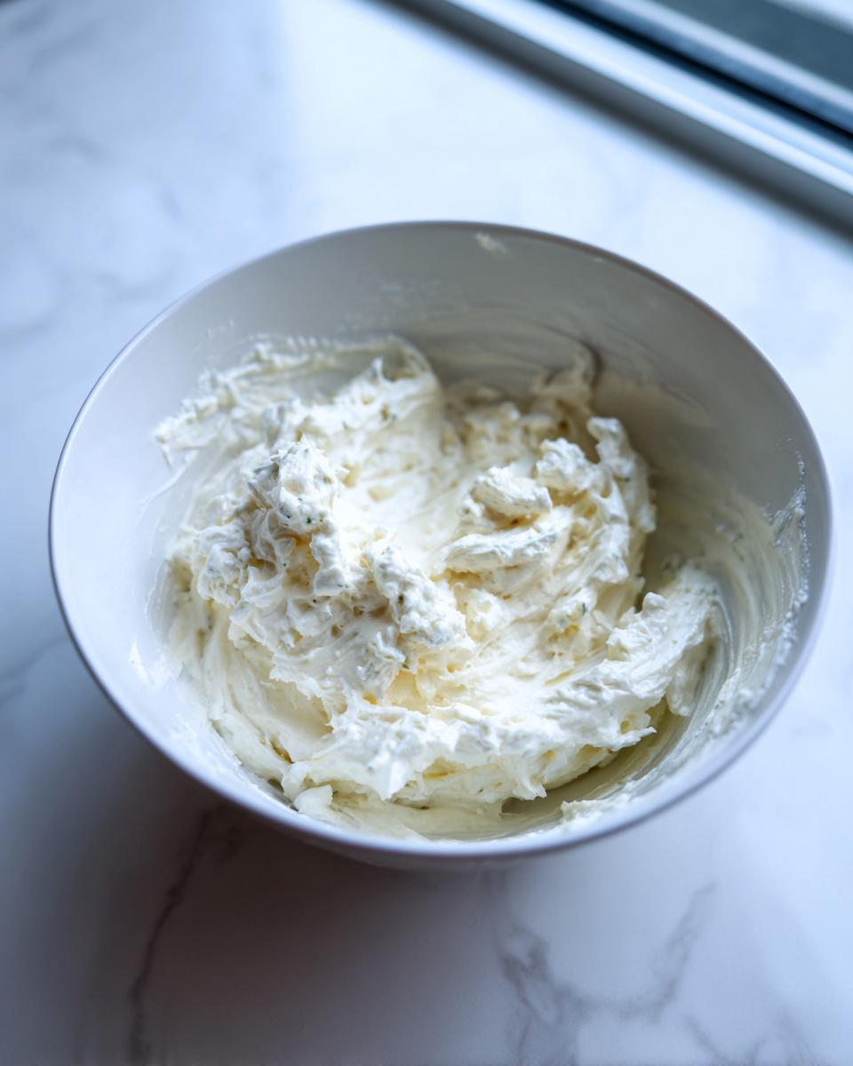 A white bowl filled with creamy, thick white pizza sauce mixture, likely containing ricotta or cream cheese.