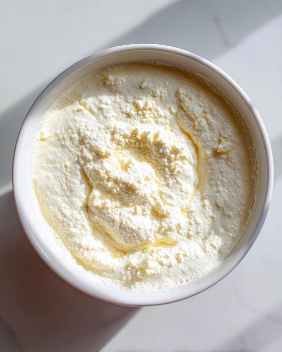 Overhead view of thick, creamy white pizza sauce mixture in a white bowl, ready for use.
