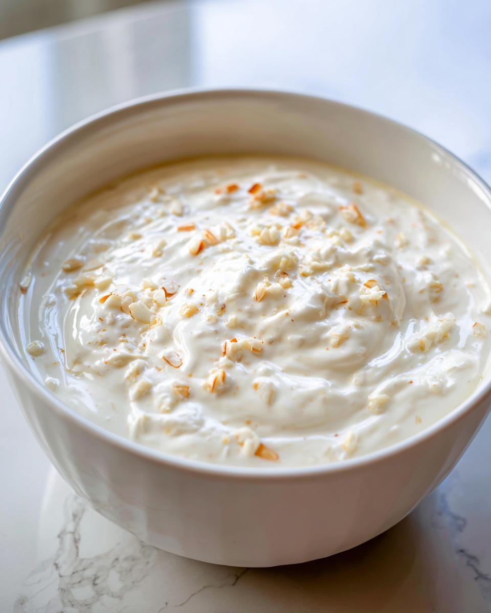 A close-up of thick, creamy white pizza sauce in a white bowl, topped with small bits of cheese or garlic.
