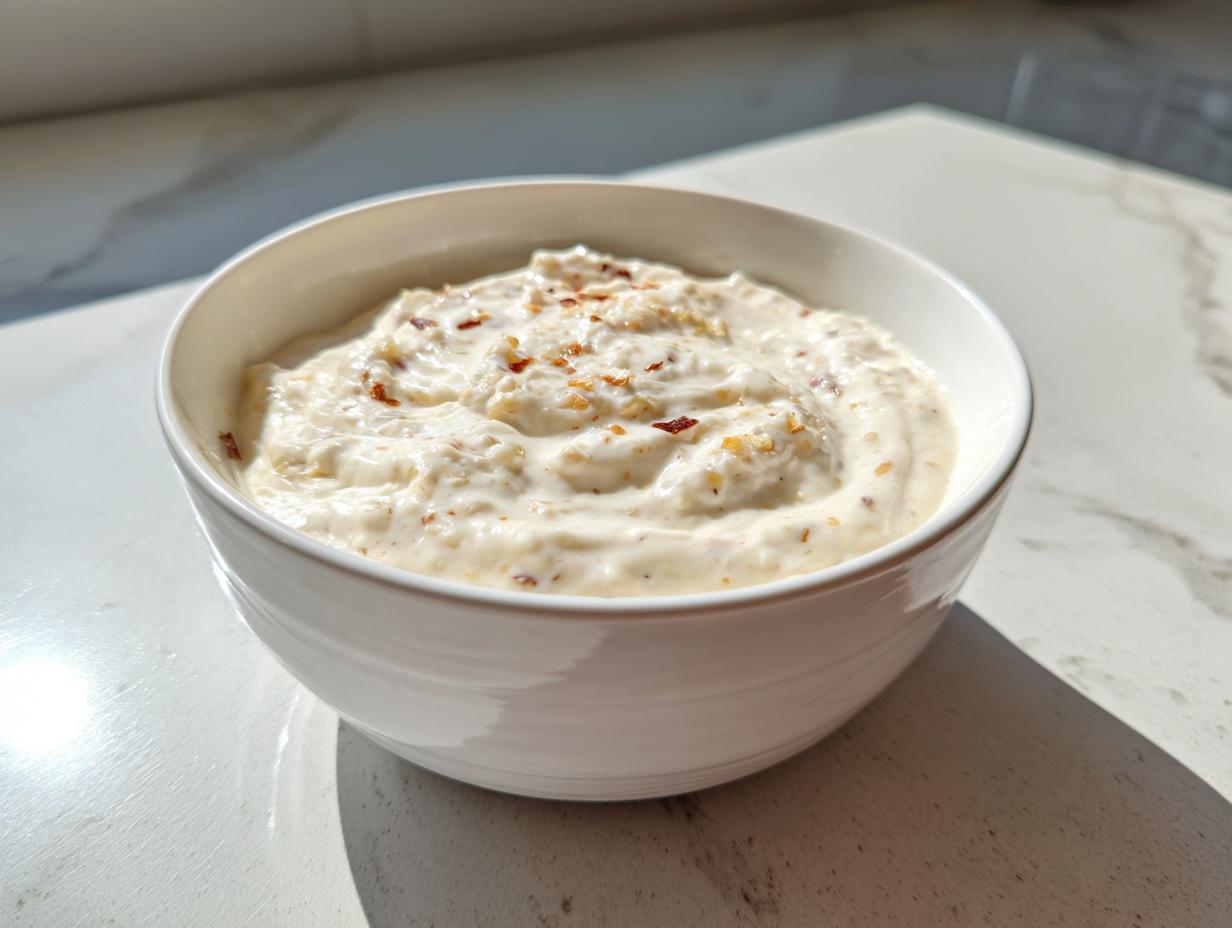 A close-up of creamy white pizza sauce speckled with spices, served in a white bowl on a marble counter.