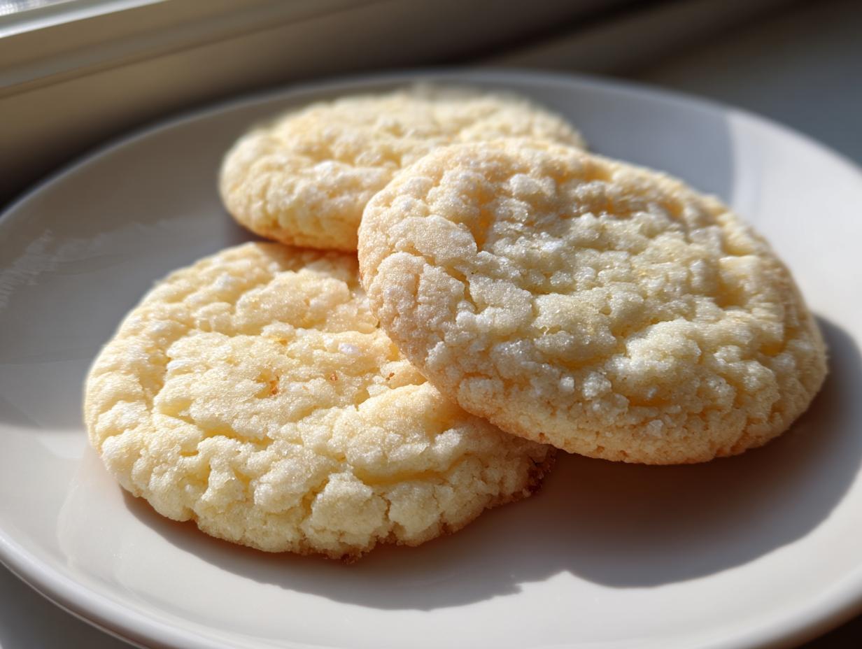 Close-up of three soft, crinkly 160-calorie sugar cookie treats stacked slightly on a white plate.