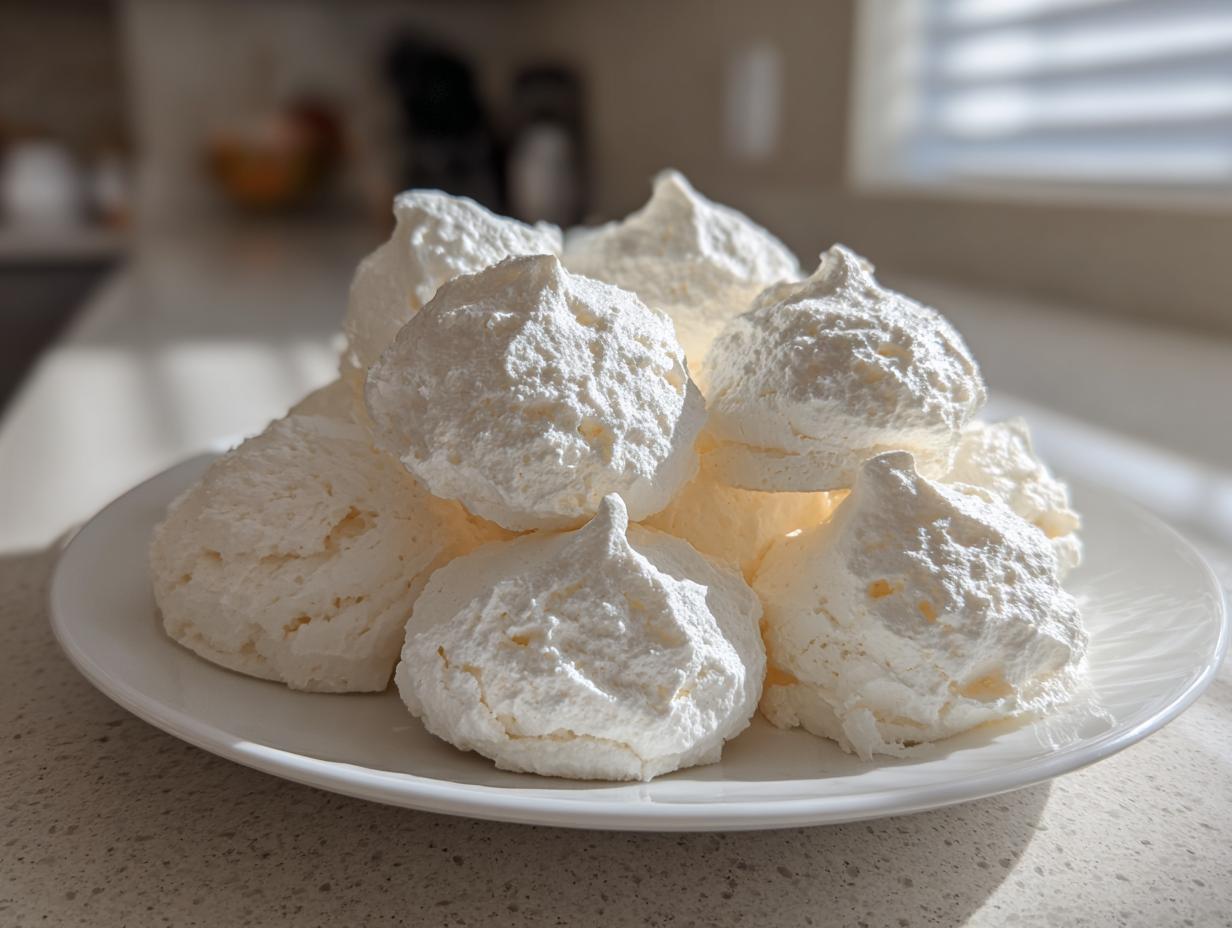 A pile of crisp, white meringue cookies beautifully piped and stacked on a white plate in bright sunlight.