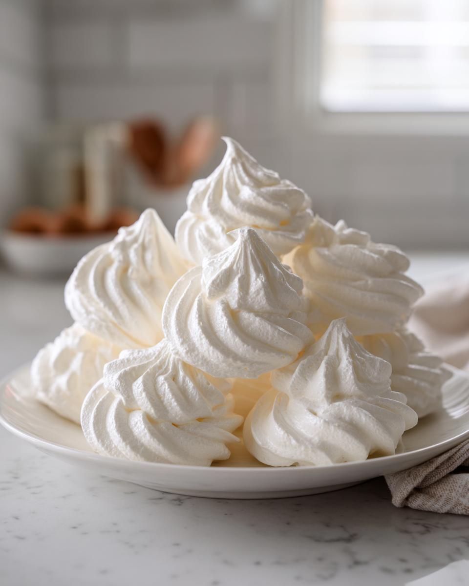 A close-up of perfectly piped, crisp white meringue cookies piled high on a white plate.
