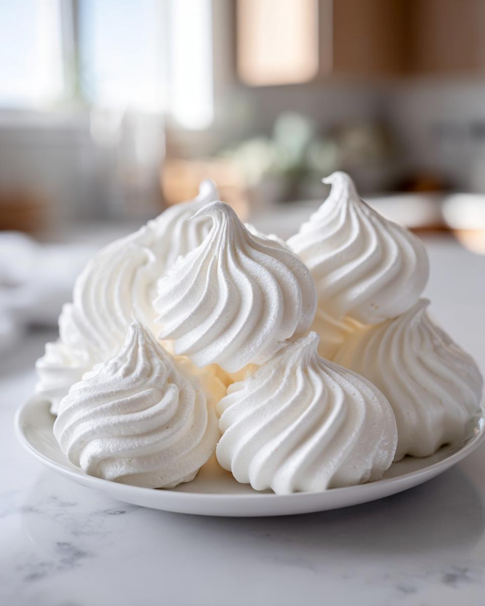 A pile of perfectly piped, crisp white meringue cookies stacked on a small white plate.