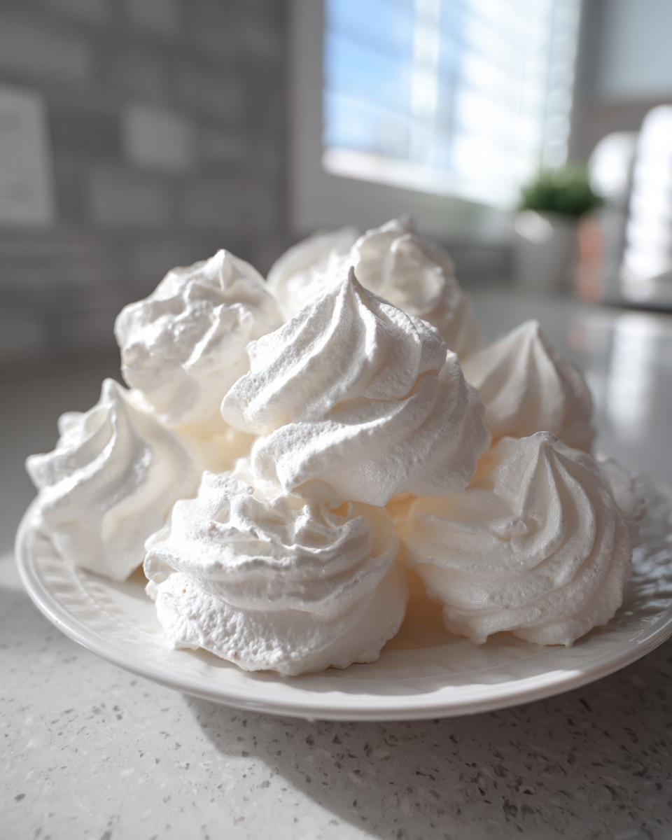 A close-up of several perfectly piped, crisp white meringue cookies piled on a white plate.