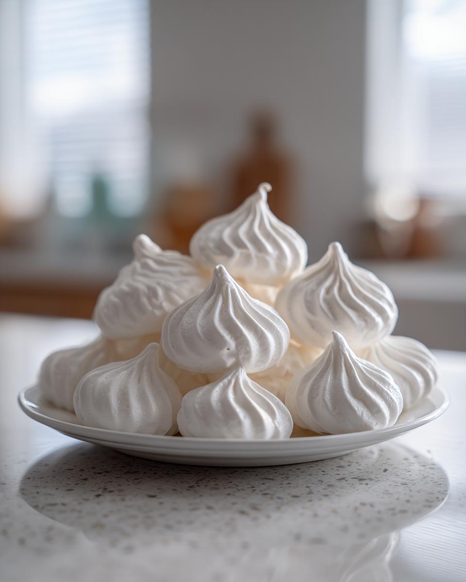 A pile of perfectly piped, crisp white meringue cookies stacked high on a white plate.