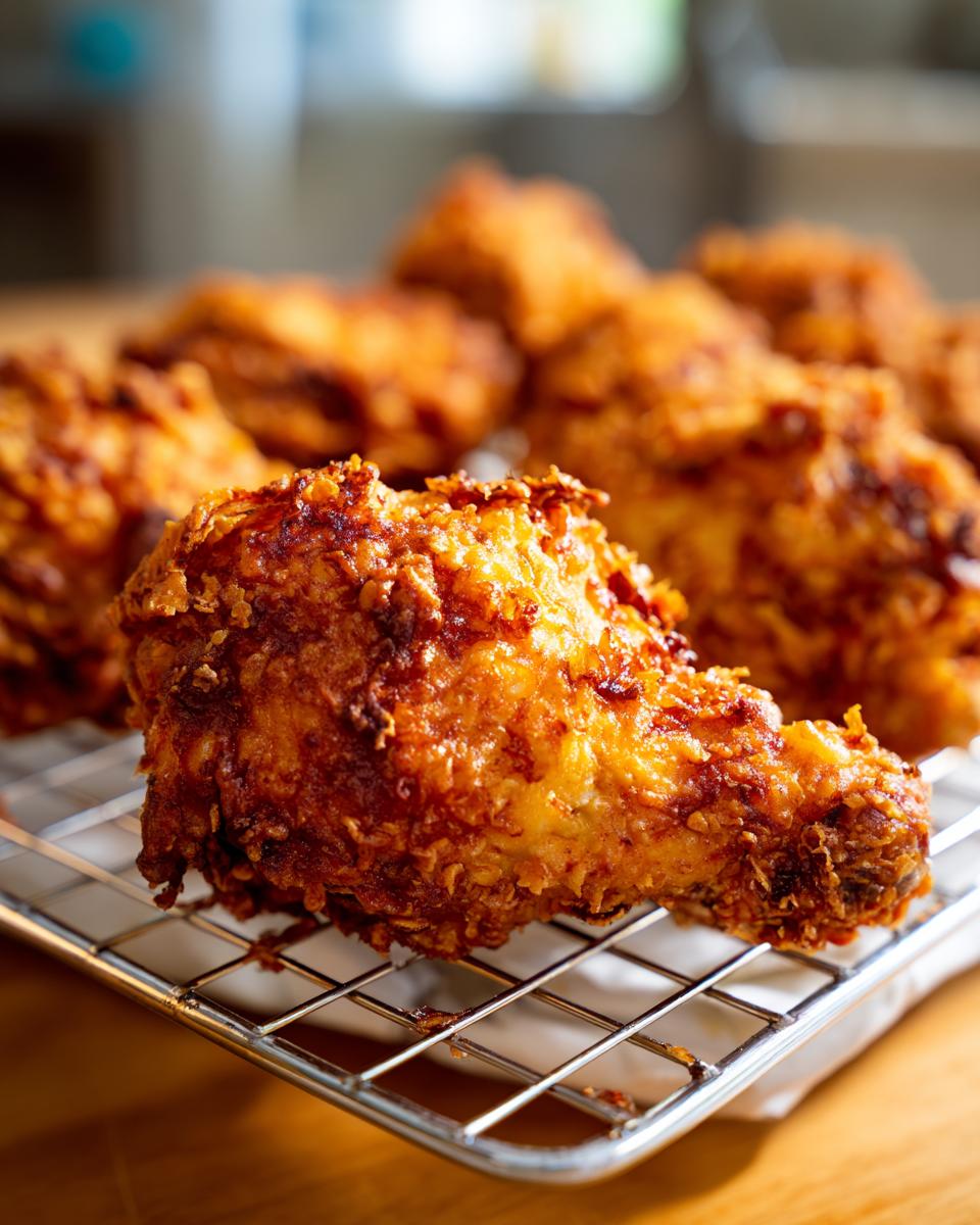 Close-up of a perfectly golden and crispy drumstick piece of fried chicken resting on a wire cooling rack.