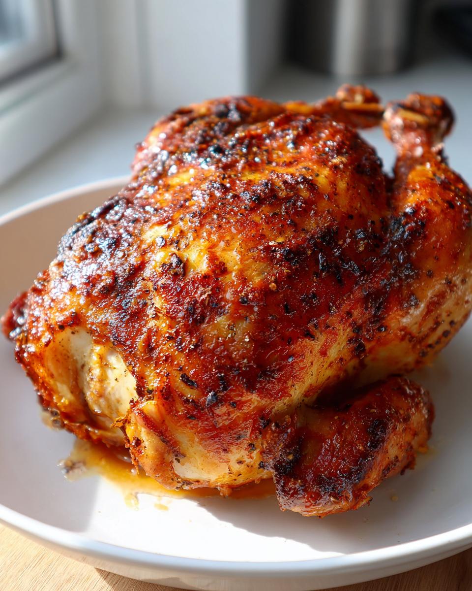 A perfectly cooked, whole air fryer whole chicken with crispy, seasoned skin resting on a white plate.