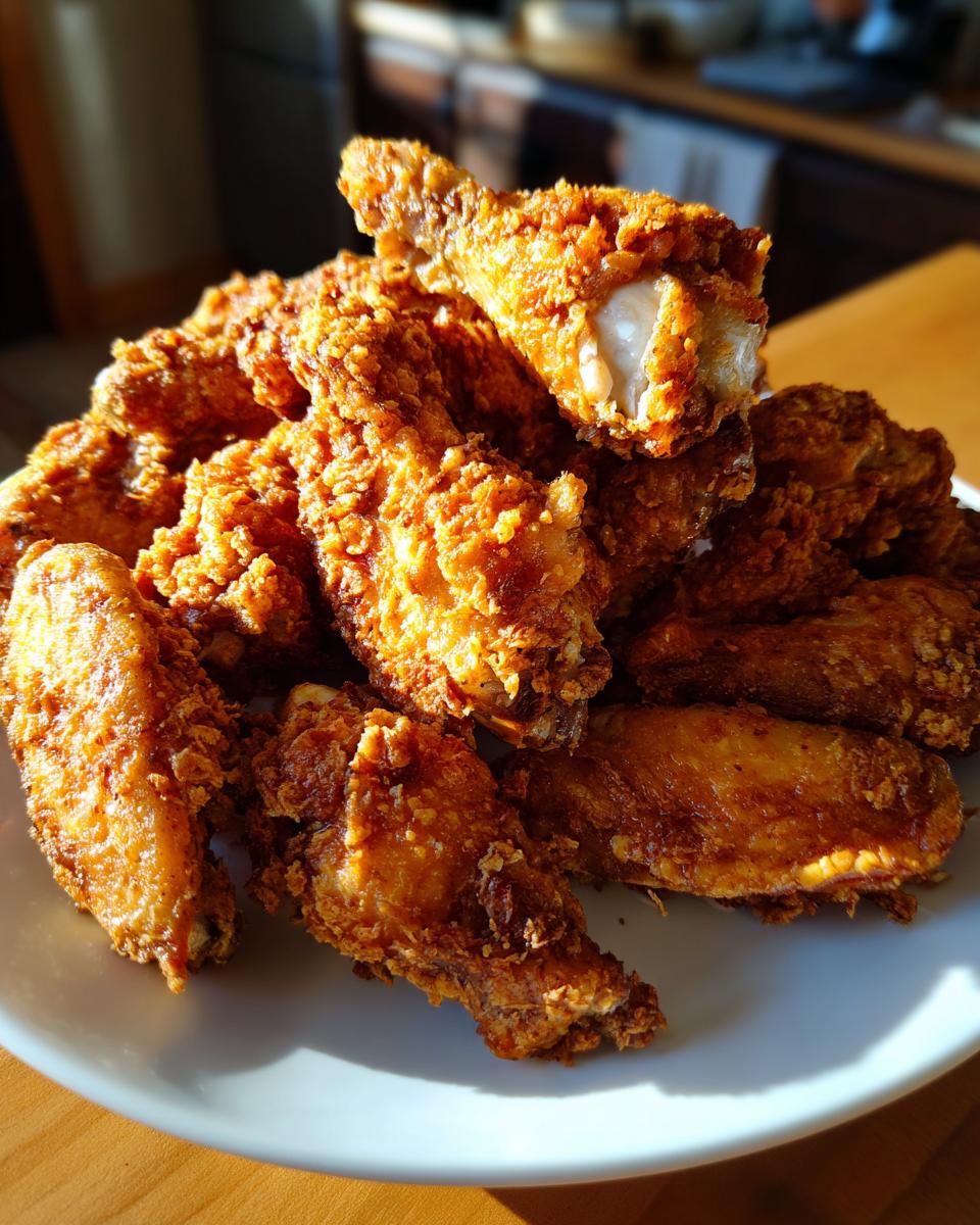 A large pile of golden brown, extra crispy baked chicken wings stacked high on a white plate.