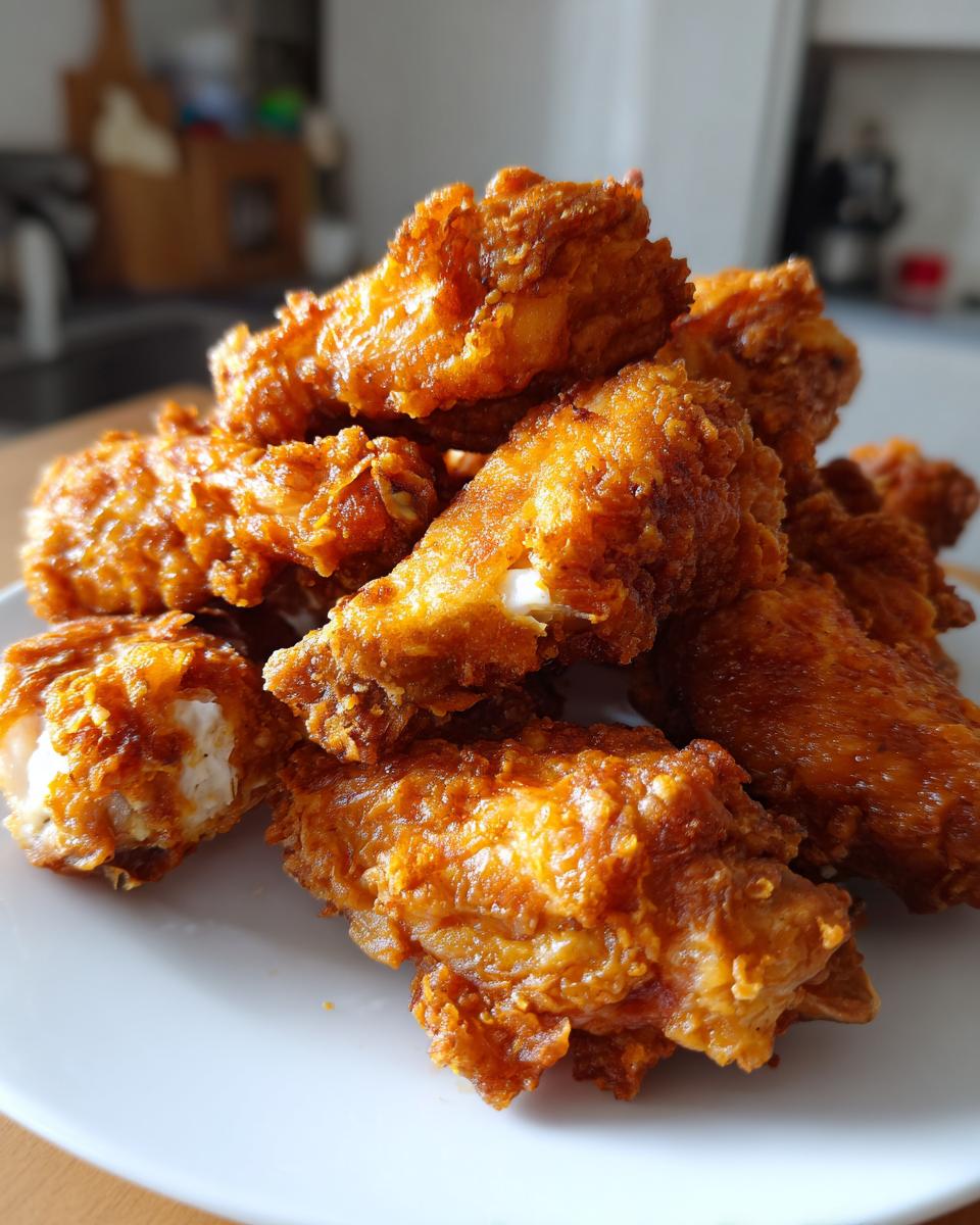 A close-up of a pile of golden brown, crispy baked chicken wings on a white plate.