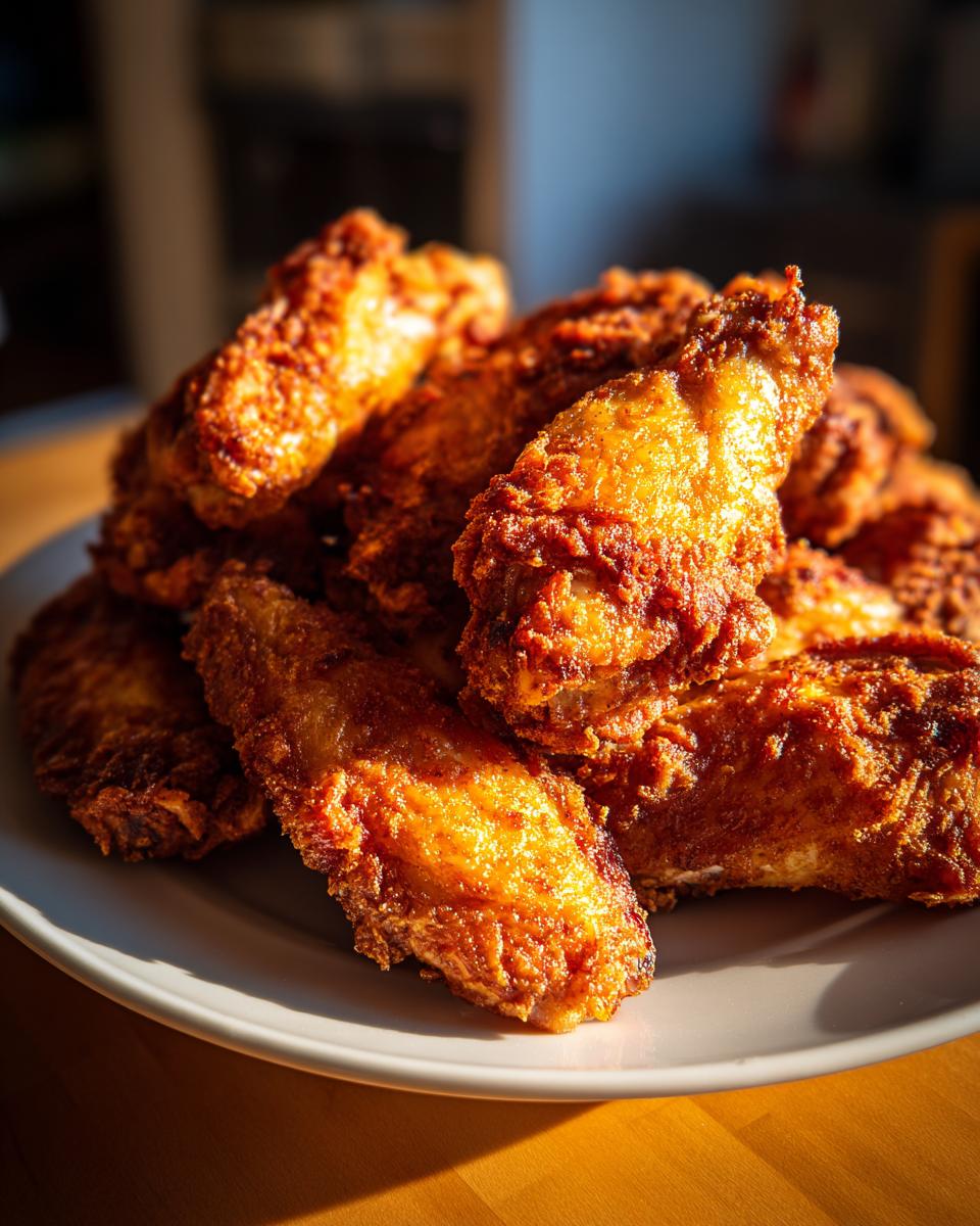 A close-up of a pile of golden brown, extra crispy baked chicken wings catching the sunlight.