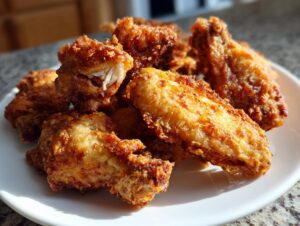 A close-up photo of a mound of golden brown, crispy baked chicken wings piled high on a white plate.