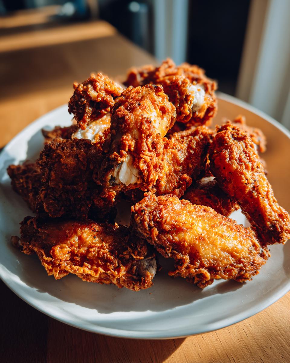 A pile of golden brown, extremely crispy baked chicken wings served on a light-colored plate.