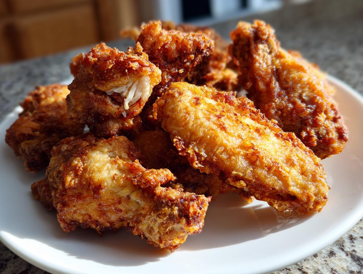 A close-up photo of a mound of golden brown, crispy baked chicken wings piled high on a white plate.