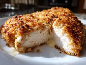 Close-up of a golden-brown, crispy caesar chicken breast cut in half, showing moist white meat and creamy filling oozing out.