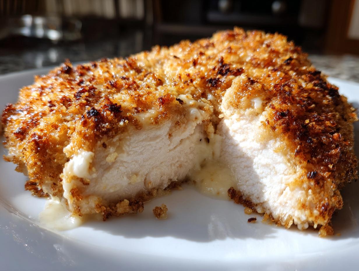 Close-up of a golden-brown, crispy caesar chicken breast cut in half, showing moist white meat and creamy filling oozing out.