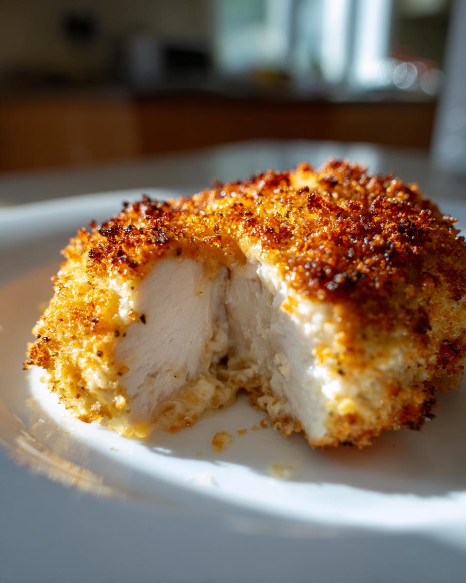 Close-up of a crispy, golden-brown caesar chicken breast cut open to show the moist white meat inside.