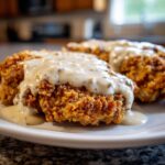 Close-up of two pieces of crispy, golden brown chicken fried steak generously topped with creamy, black pepper-flecked white gravy.