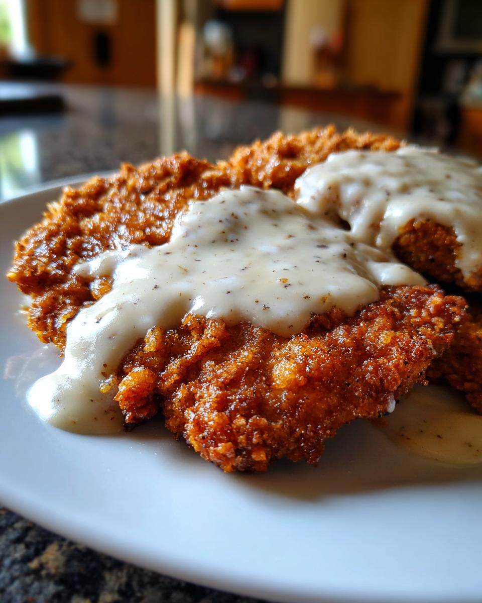 Close-up of crispy, golden brown chicken fried steak smothered in creamy, peppered country gravy on a white plate.