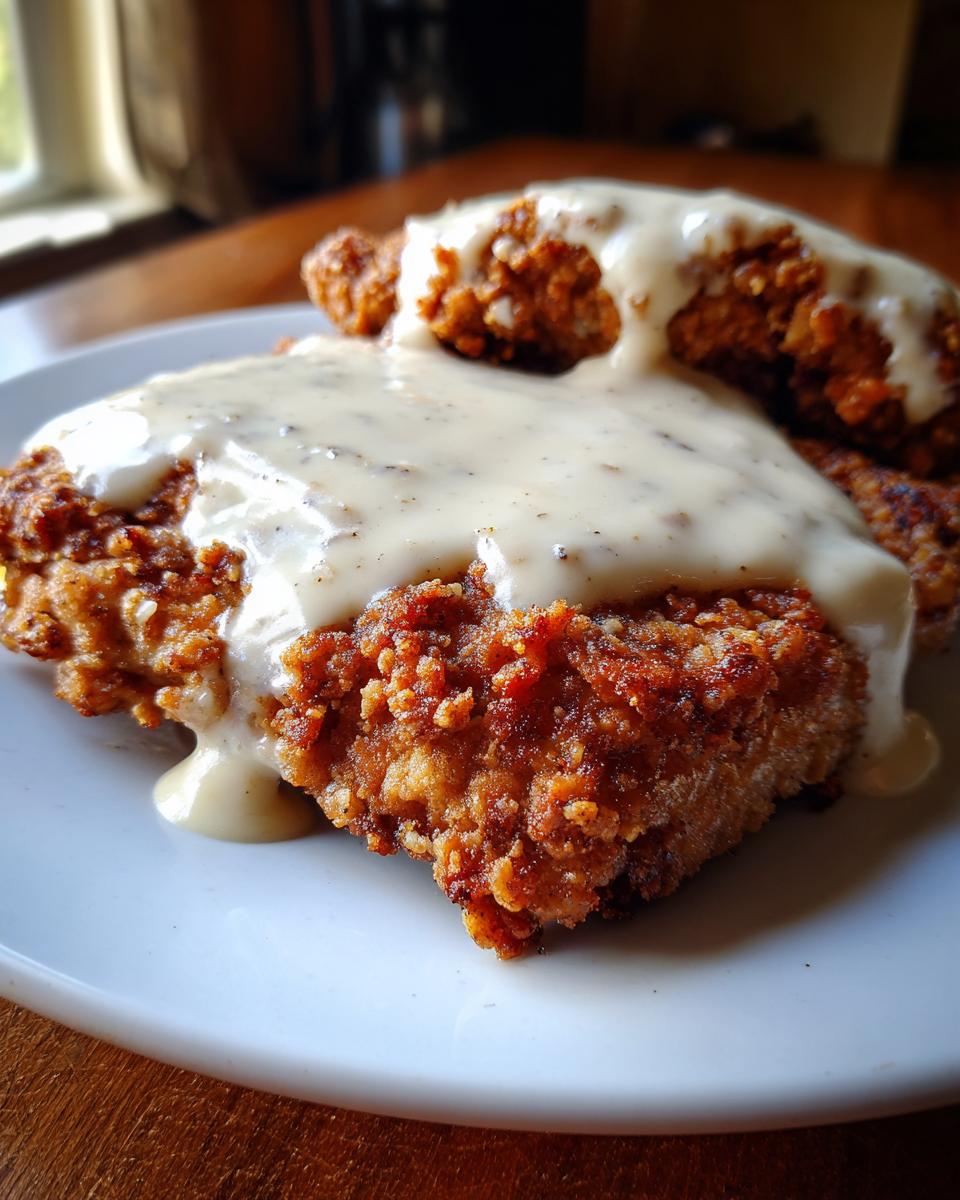 Close-up of a perfectly crispy chicken fried steak smothered in creamy white pepper gravy on a white plate.