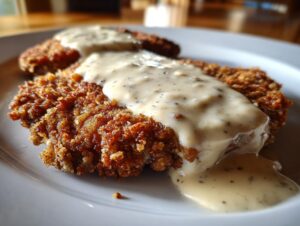 Close-up of a golden brown, crispy chicken fried steak generously covered in creamy, peppered gravy.