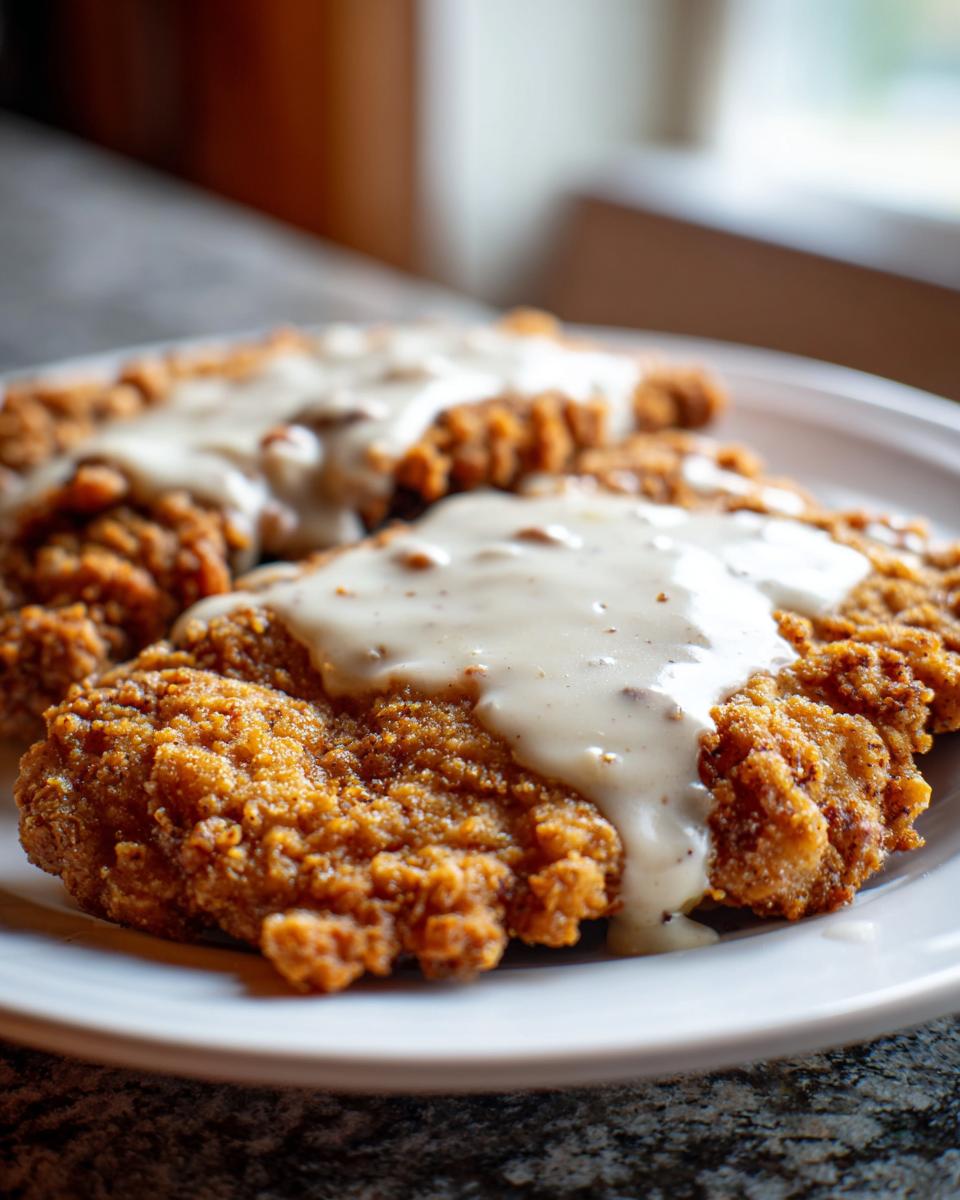 Two pieces of golden, crispy chicken fried steak generously covered in white country gravy on a white plate.