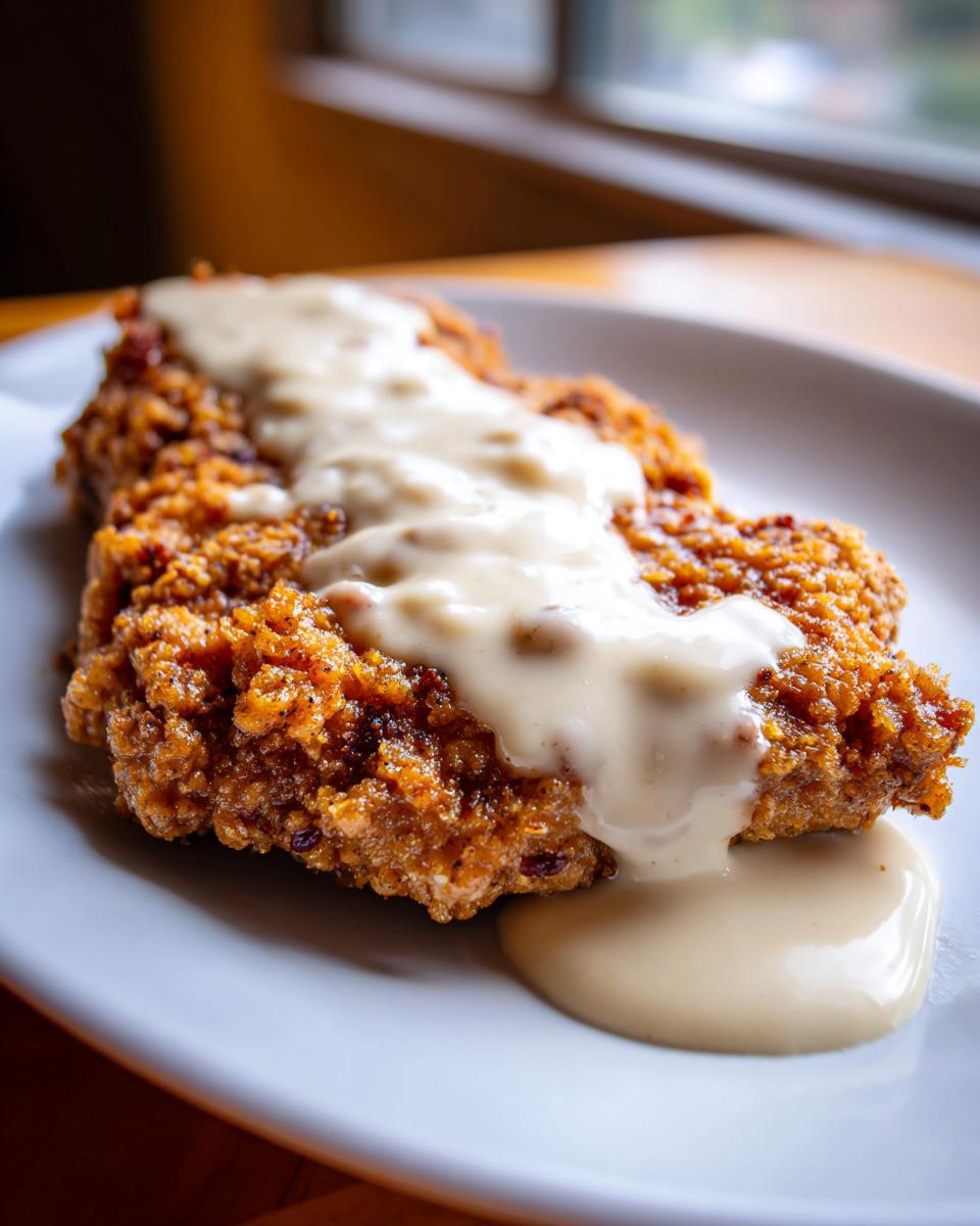 A close-up of a golden brown, crispy chicken fried steak generously topped with creamy white gravy.