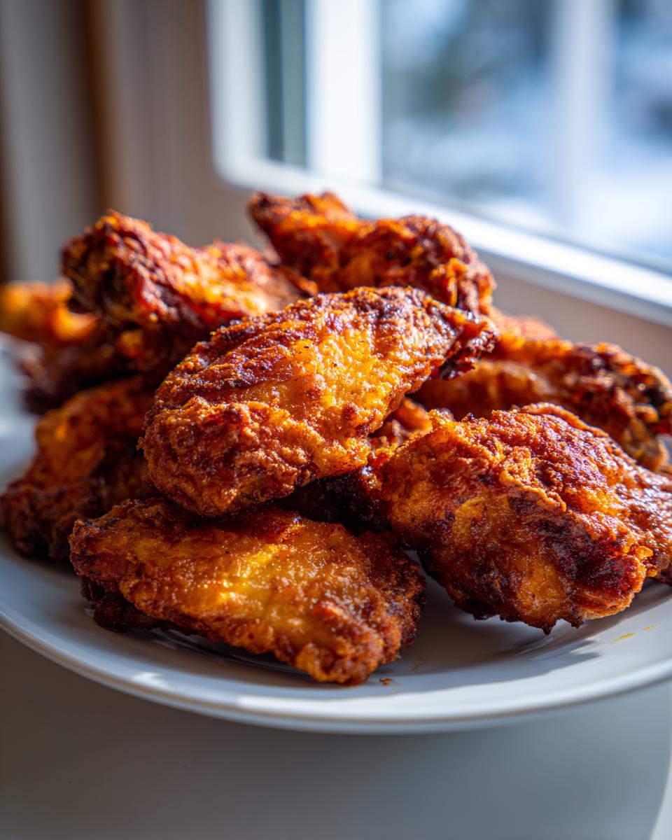 A close-up stack of golden brown, crispy chicken wing pieces piled high on a white plate, backlit by a window.