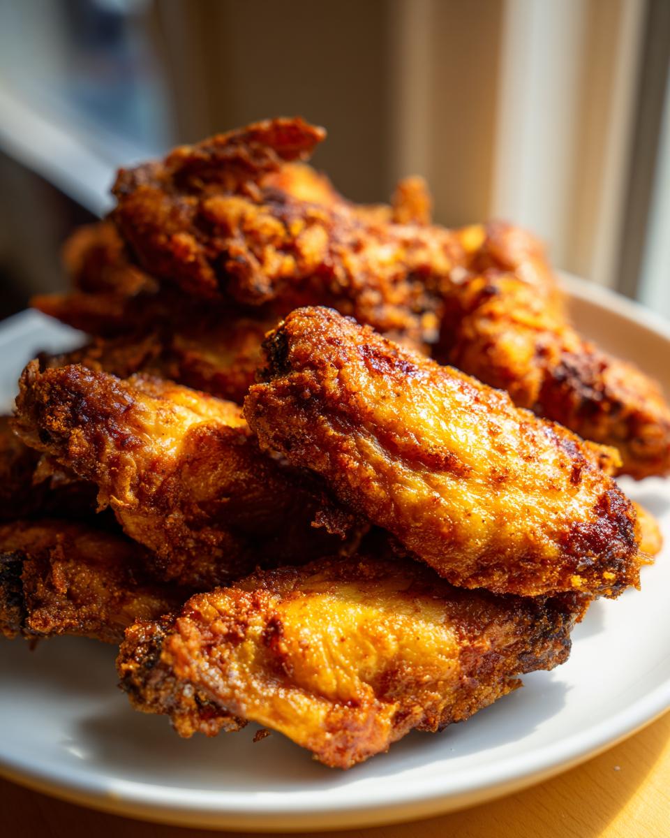 Close-up of a pile of perfectly golden brown, crispy chicken wing pieces stacked on a white plate.
