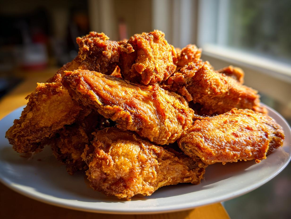 A mound of golden brown, crispy fried chicken wing pieces piled high on a white plate, dramatically lit by sunlight.
