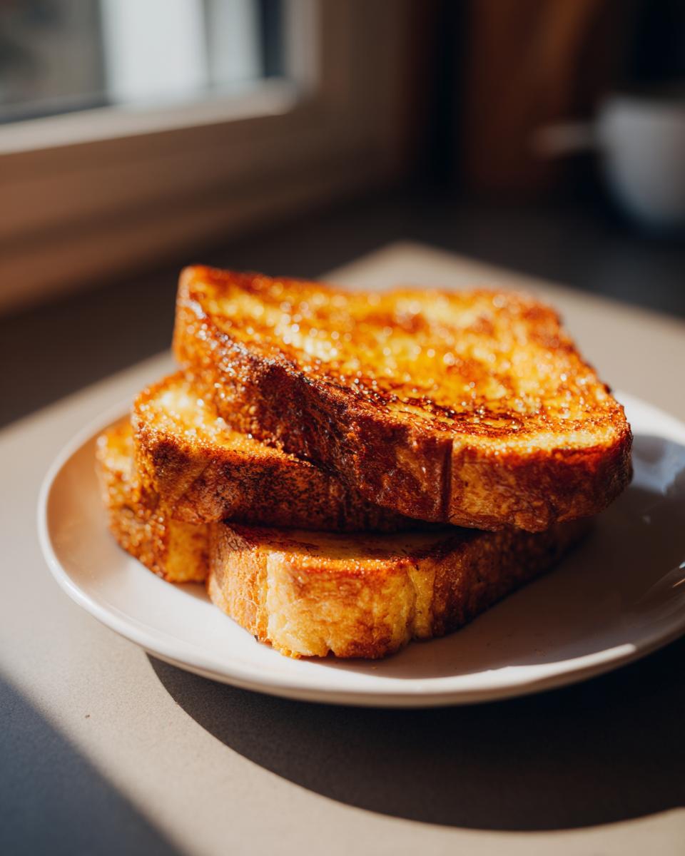 Three thick slices of golden brown french toast stacked on a white plate, glistening with syrup or butter.