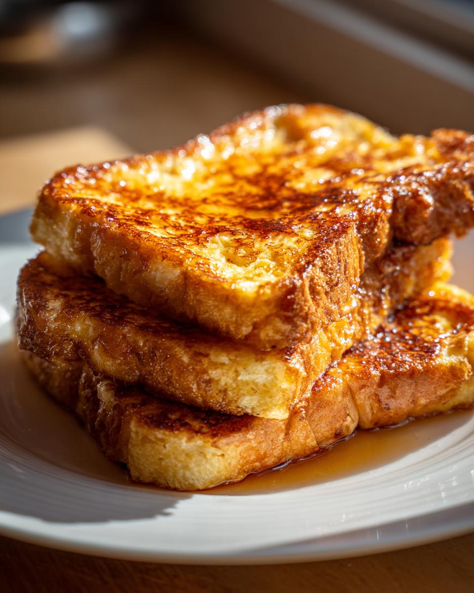 A close-up of a tall stack of golden brown, syrup-drenched french toast on a white plate.