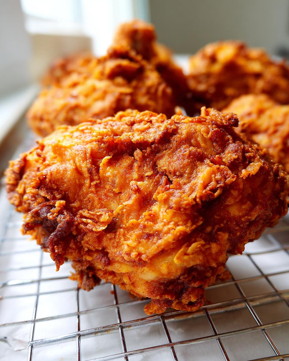 Close-up of a perfectly cooked piece of crispy, golden brown fried chicken resting on a wire cooling rack.