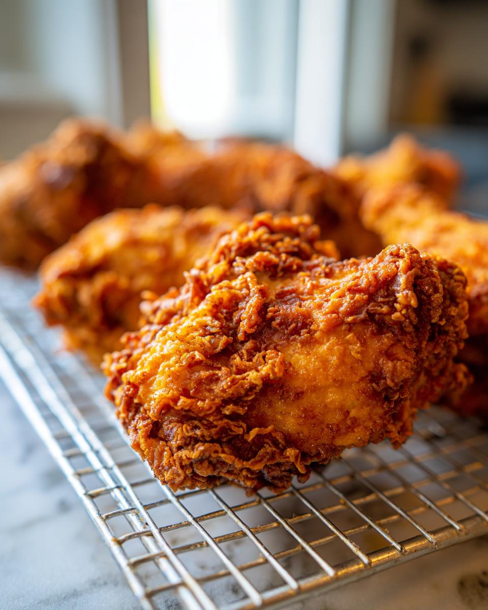 Close-up of a perfectly crispy piece of fried chicken resting on a wire cooling rack.