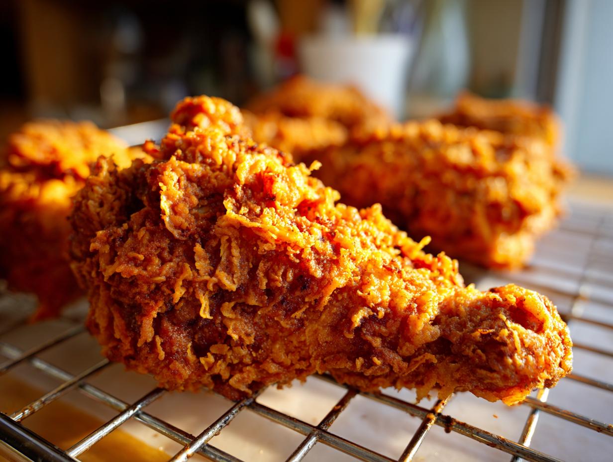 Close-up of a piece of golden brown, extra crispy fried chicken resting on a wire cooling rack.