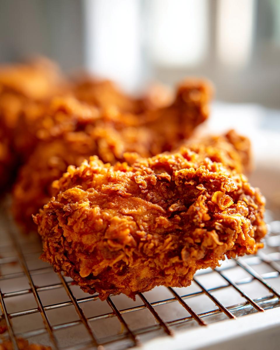 Close-up of a piece of perfectly cooked, crispy fried chicken resting on a metal cooling rack.