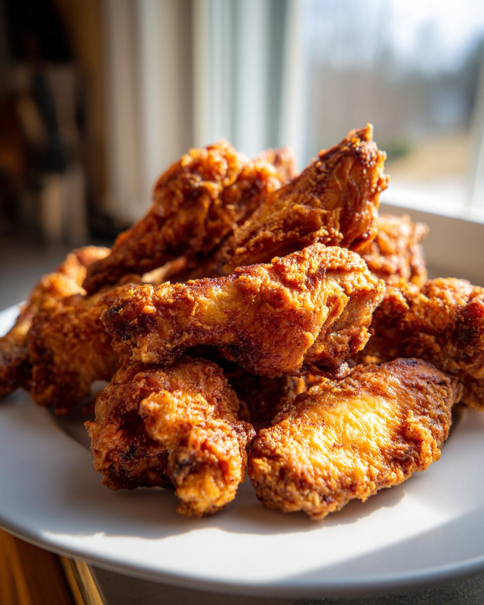 A close-up of a pile of golden brown, crispy fried chicken wing pieces stacked on a white plate, backlit by a window.
