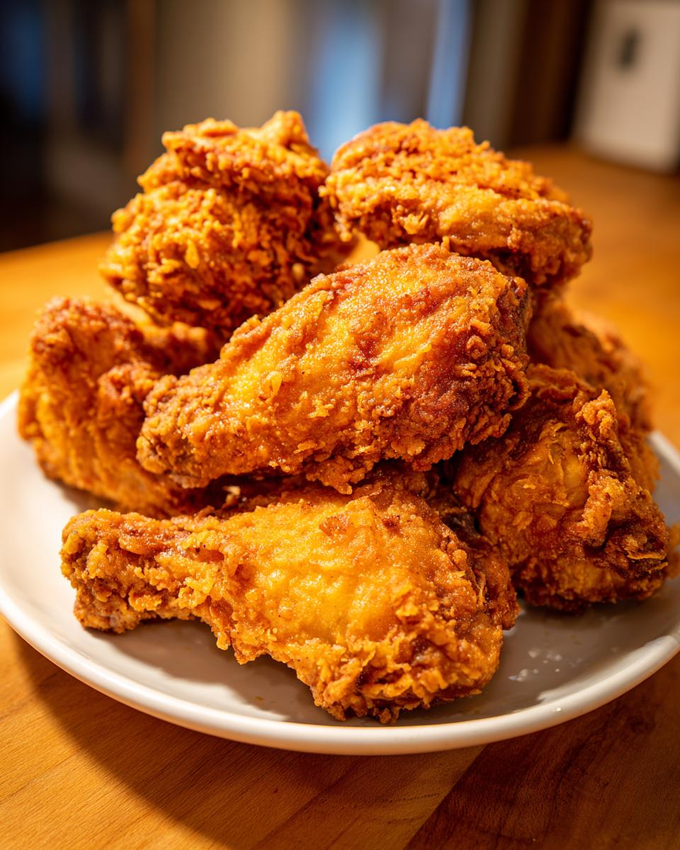 A tall stack of golden brown, crispy fried chicken wings piled high on a white plate.