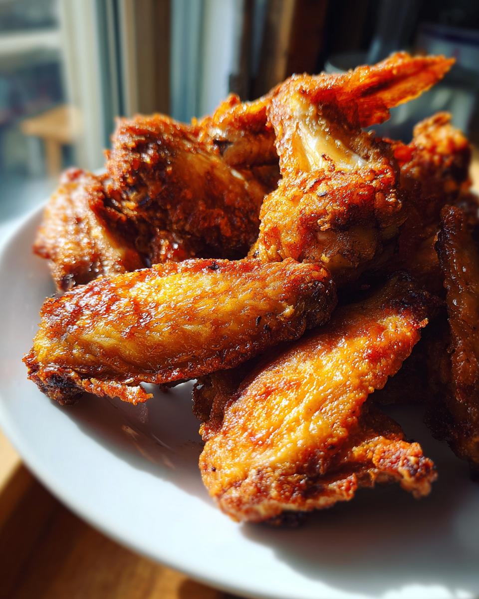 A close-up of several perfectly cooked, golden-brown, crispy chicken wing pieces piled on a white plate.