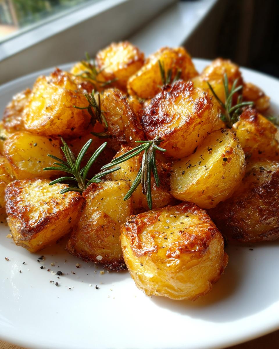 A close-up of golden brown, crispy oven roasted potatoes seasoned with pepper and garnished with fresh rosemary sprigs.
