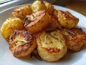 Close-up of perfectly crispy, golden oven roasted potatoes seasoned with black pepper and fresh rosemary sprigs.
