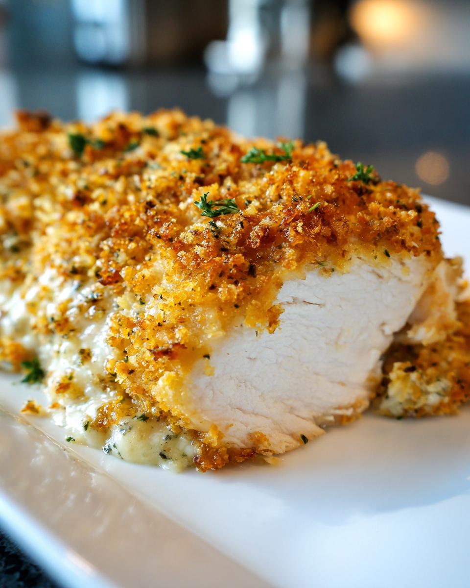 A cross-section of baked caesar chicken breast showing juicy white meat, topped with golden breadcrumbs and creamy sauce.