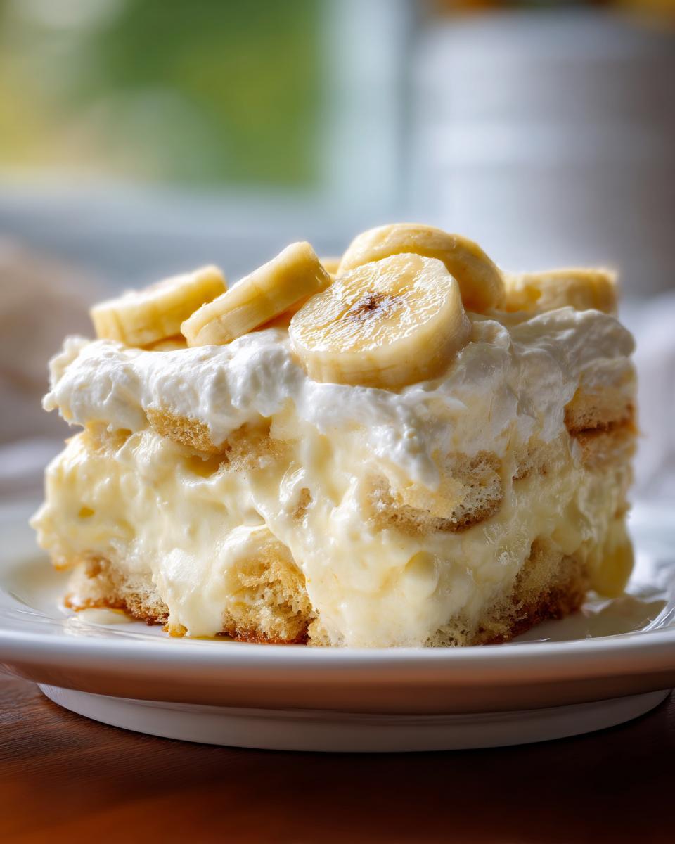 A decadent slice of banana pudding featuring layers of vanilla wafers, creamy custard, and whipped topping, garnished with fresh banana slices.